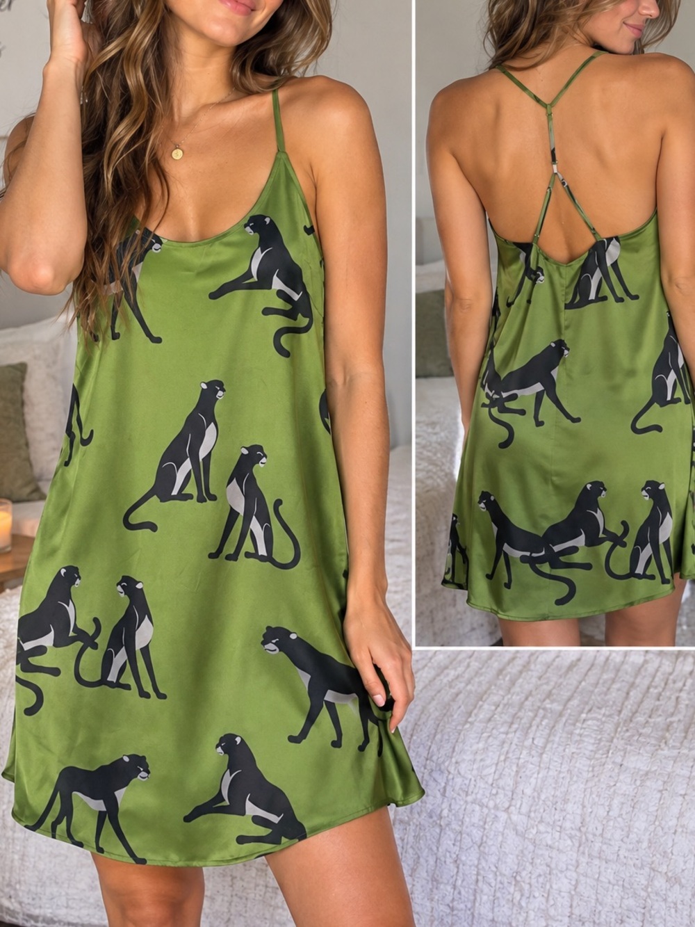 Auden Satin Slip Dress Chemise Nightgown – Green Panther Print – Size L